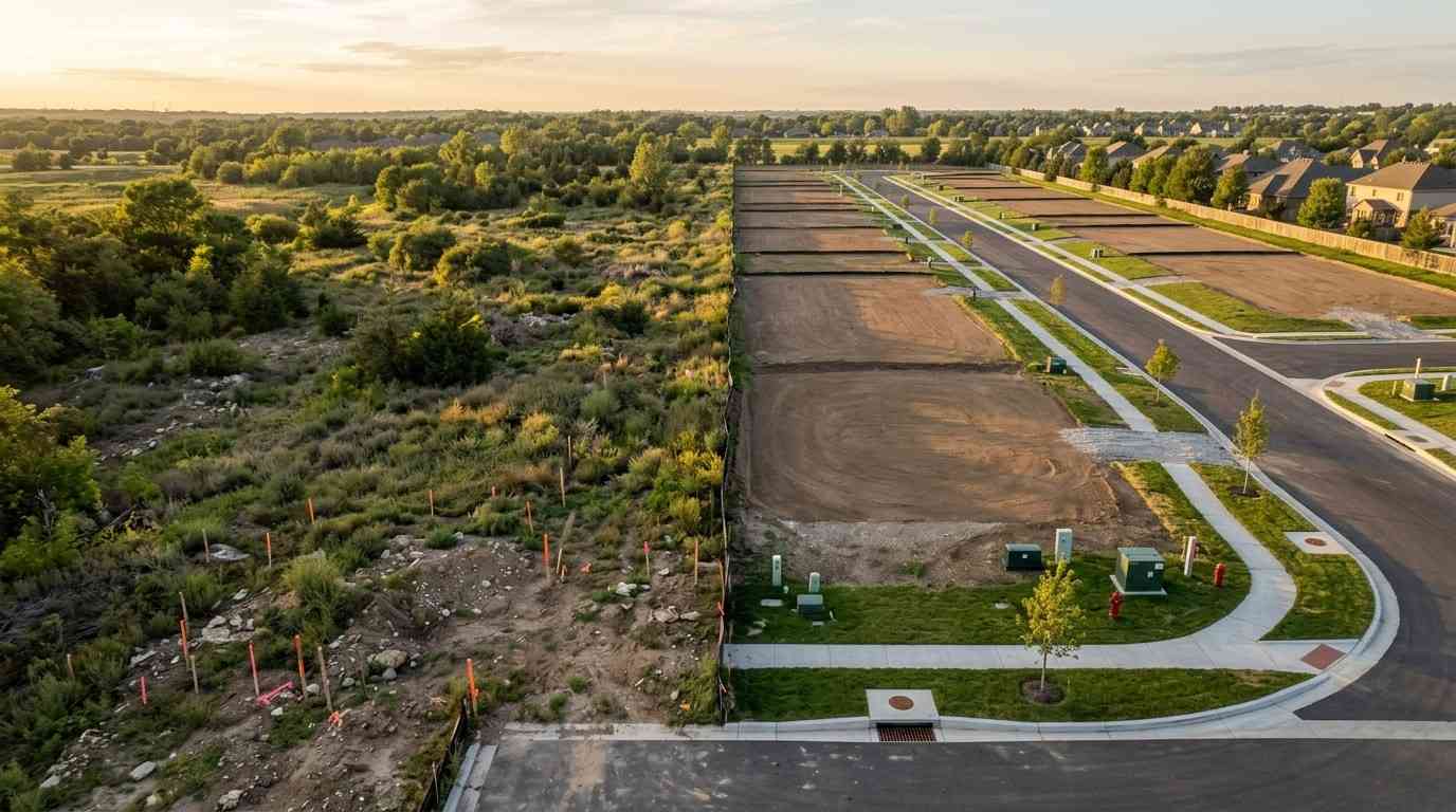 Raw undeveloped land beside finished residential lots in a new subdivision