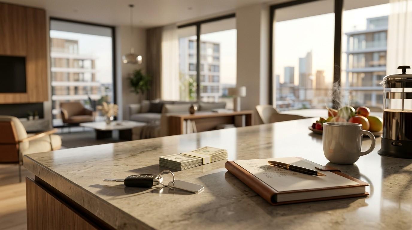 Keys, cash, and a notebook on a kitchen island in a modern apartment overlooking a city skyline.