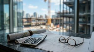 Construction cost planning with calculator, blueprints, and site plans overlooking a development project.