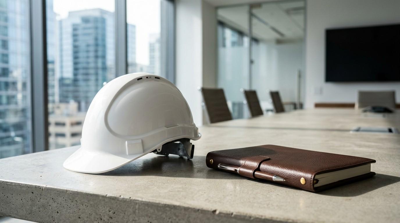 Construction hard hat and planner on a conference table.