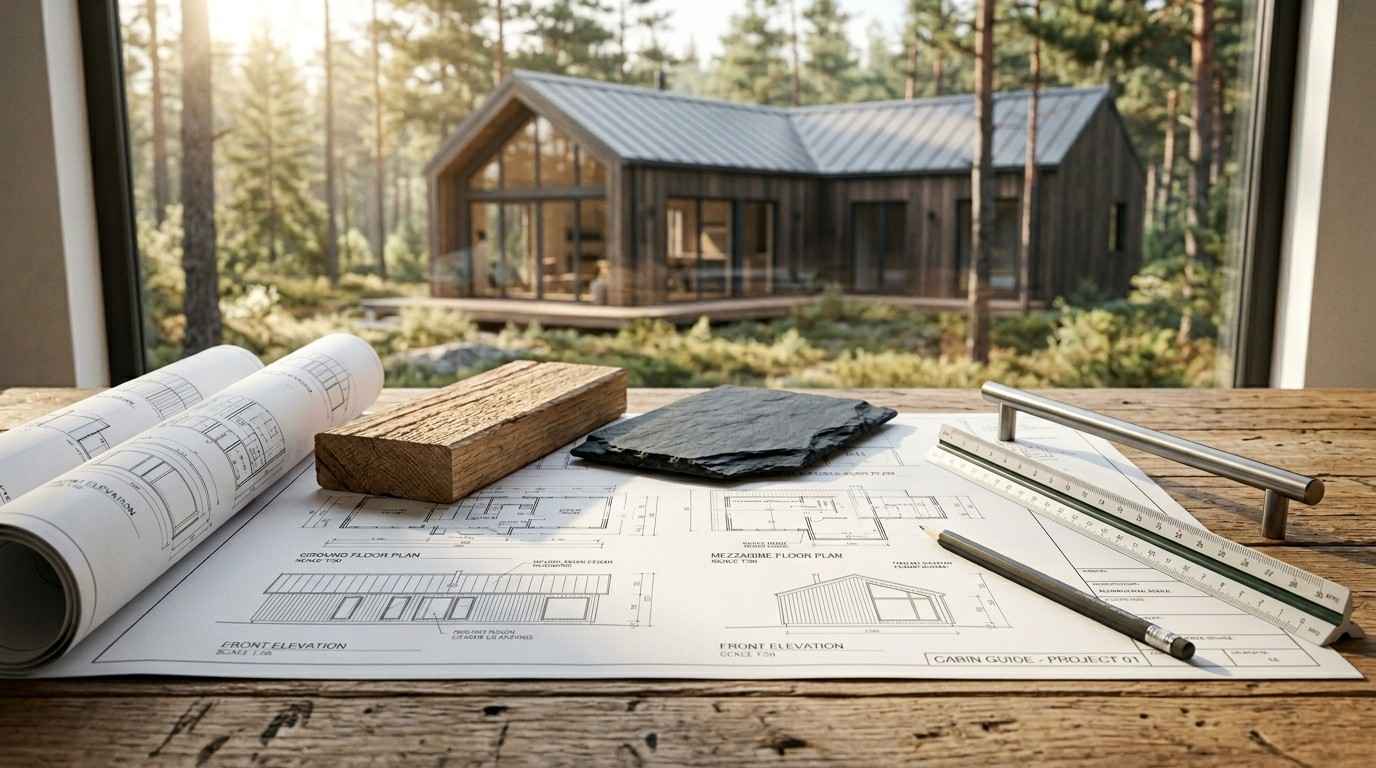 Cabin blueprints with wood and stone samples on a workbench overlooking a modern forest cabin.