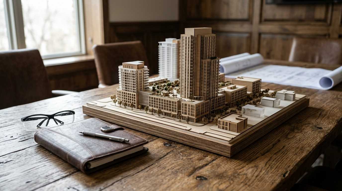 Architectural model of a high-rise development on a conference table.