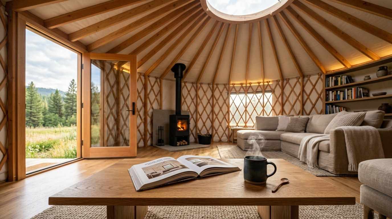 Cozy yurt interior with a wood stove, sofa, and coffee table overlooking nature.