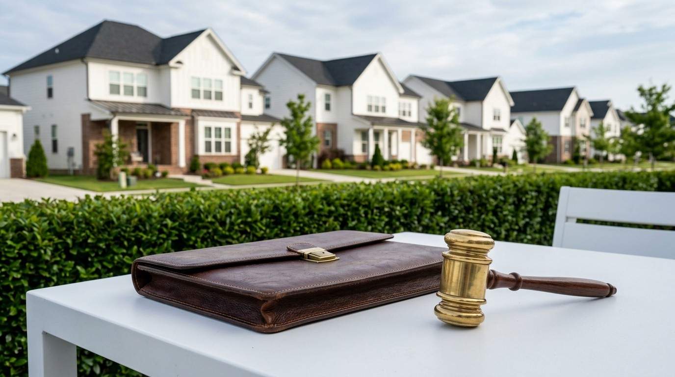 Gavel and portfolio with a residential neighborhood in the background.