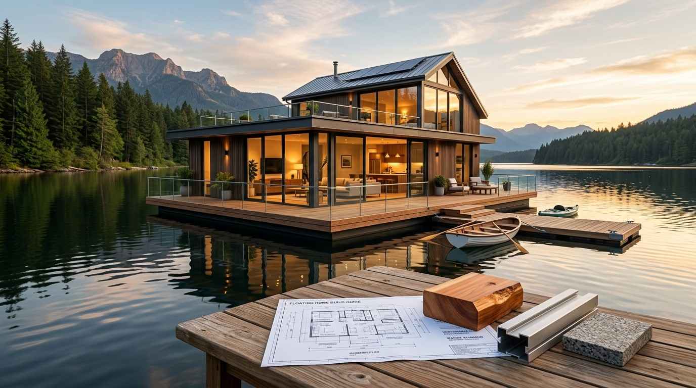 Modern floating home on a lake with blueprints and building materials on a dock.