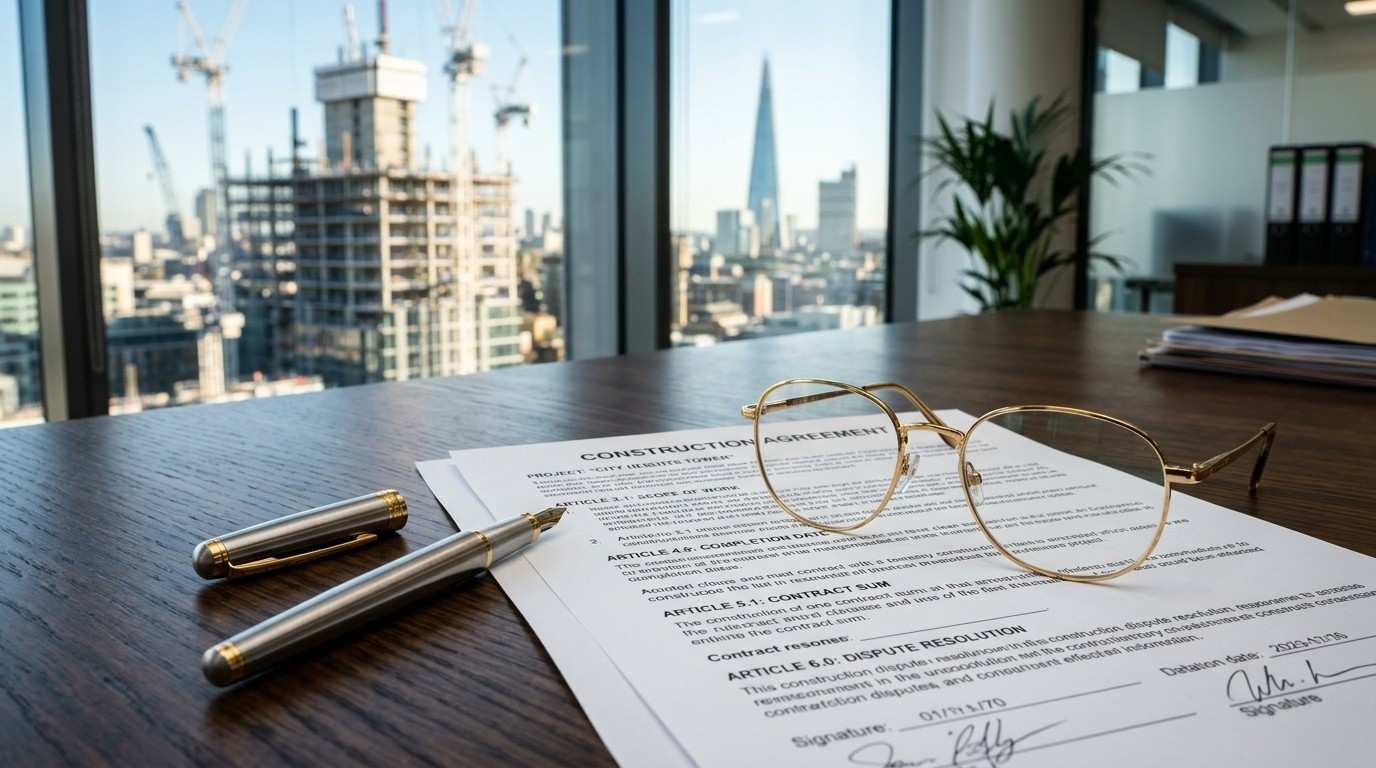 Eyeglasses on a construction contract in a modern office.