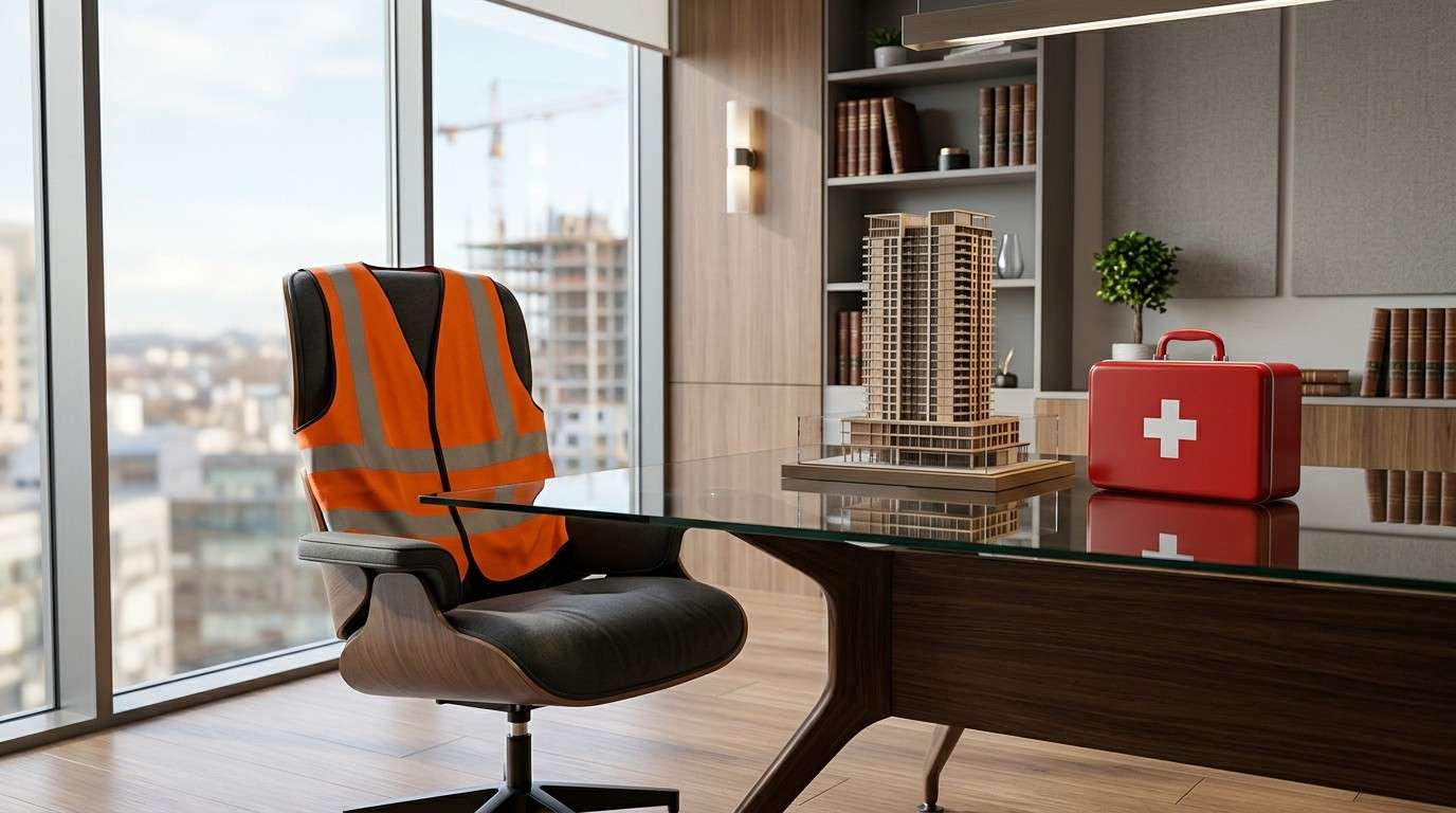 Safety vest, first aid kit, and building model in an office.