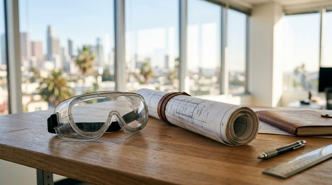 Safety goggles and rolled blueprints on a desk.