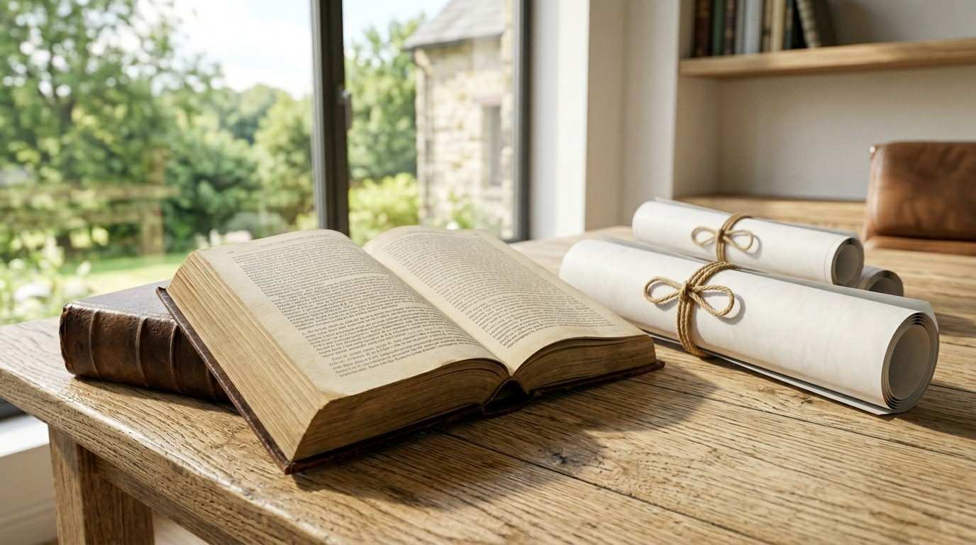 Open law book and rolled blueprints on a wooden desk.