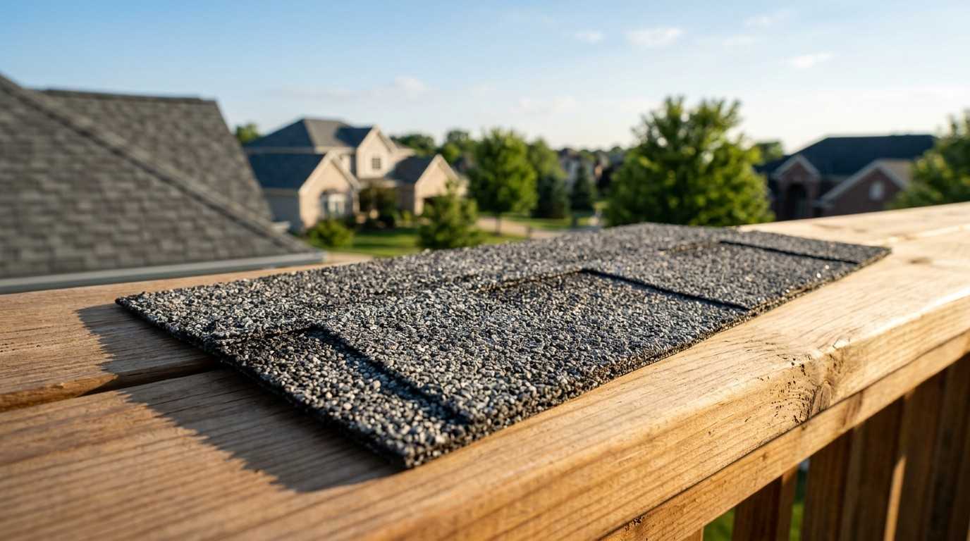 Asphalt roofing shingles on a wooden deck.