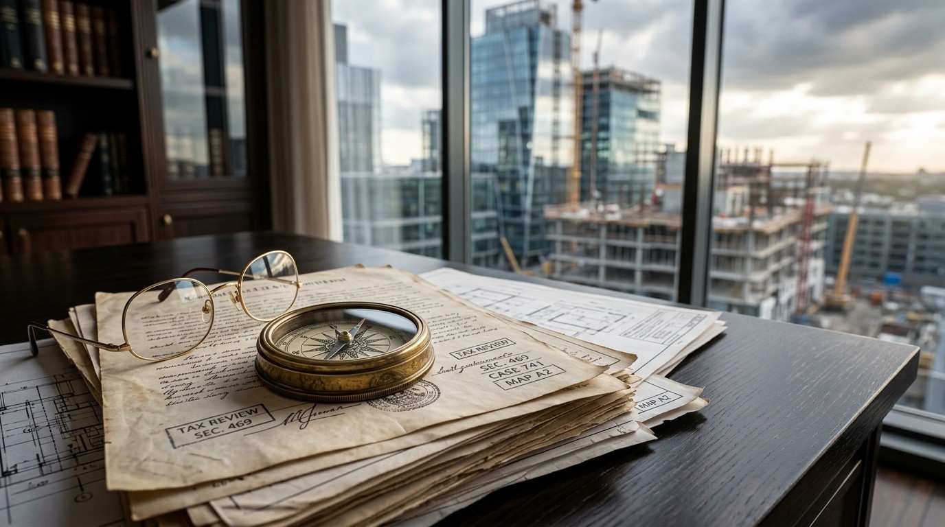 Legal documents, blueprints, and a compass on a desk overlooking a construction site.