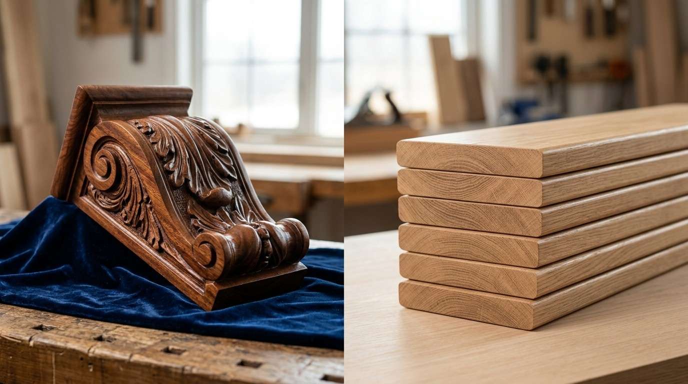 Hand-carved woodwork compared with stacked production lumber.