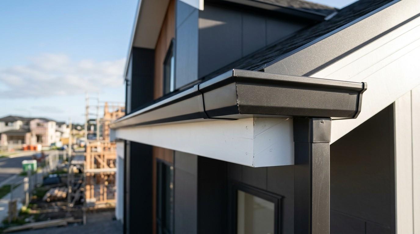 Modern gutter and downspout on a newly built home.