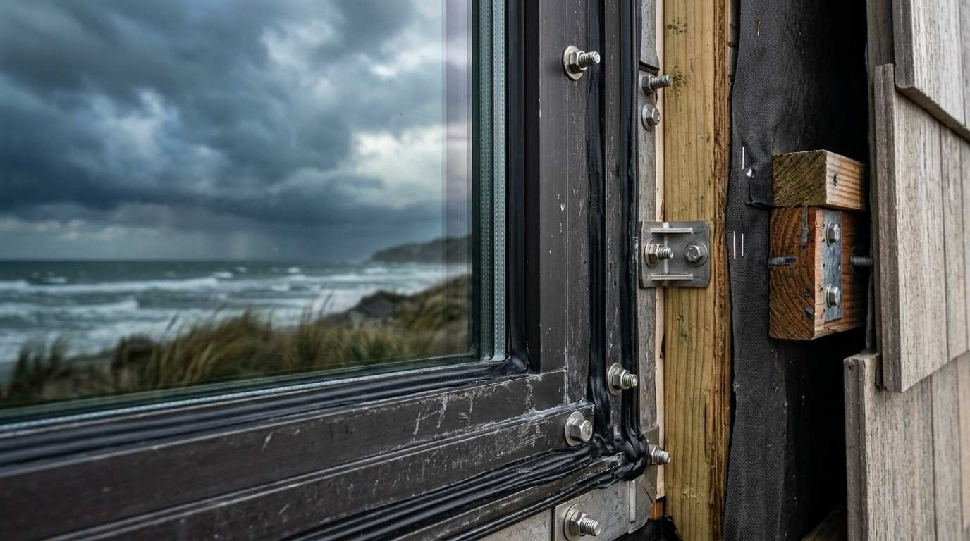 Hurricane-resistant window frame on a coastal home.