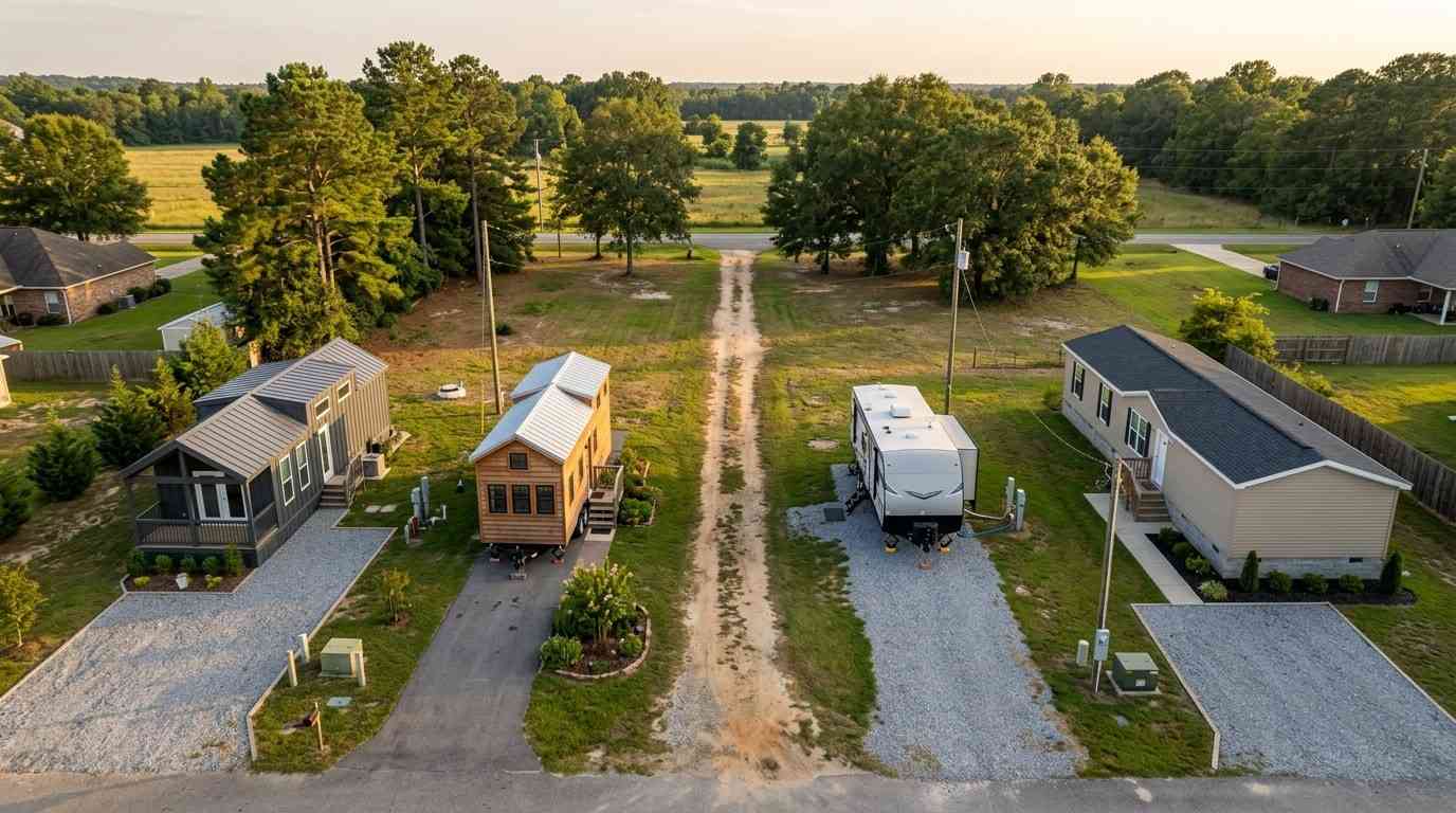 Aerial comparison of four housing types displayed side by side on separate lots: a park model home, a tiny home on wheels, a travel trailer RV, and a manufactured home. The image highlights differences in size, design, foundations, utility connections, and site layouts within a semi-rural residential setting.
