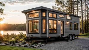 Modern tiny house on wheels beside a lakeside forest at sunset.