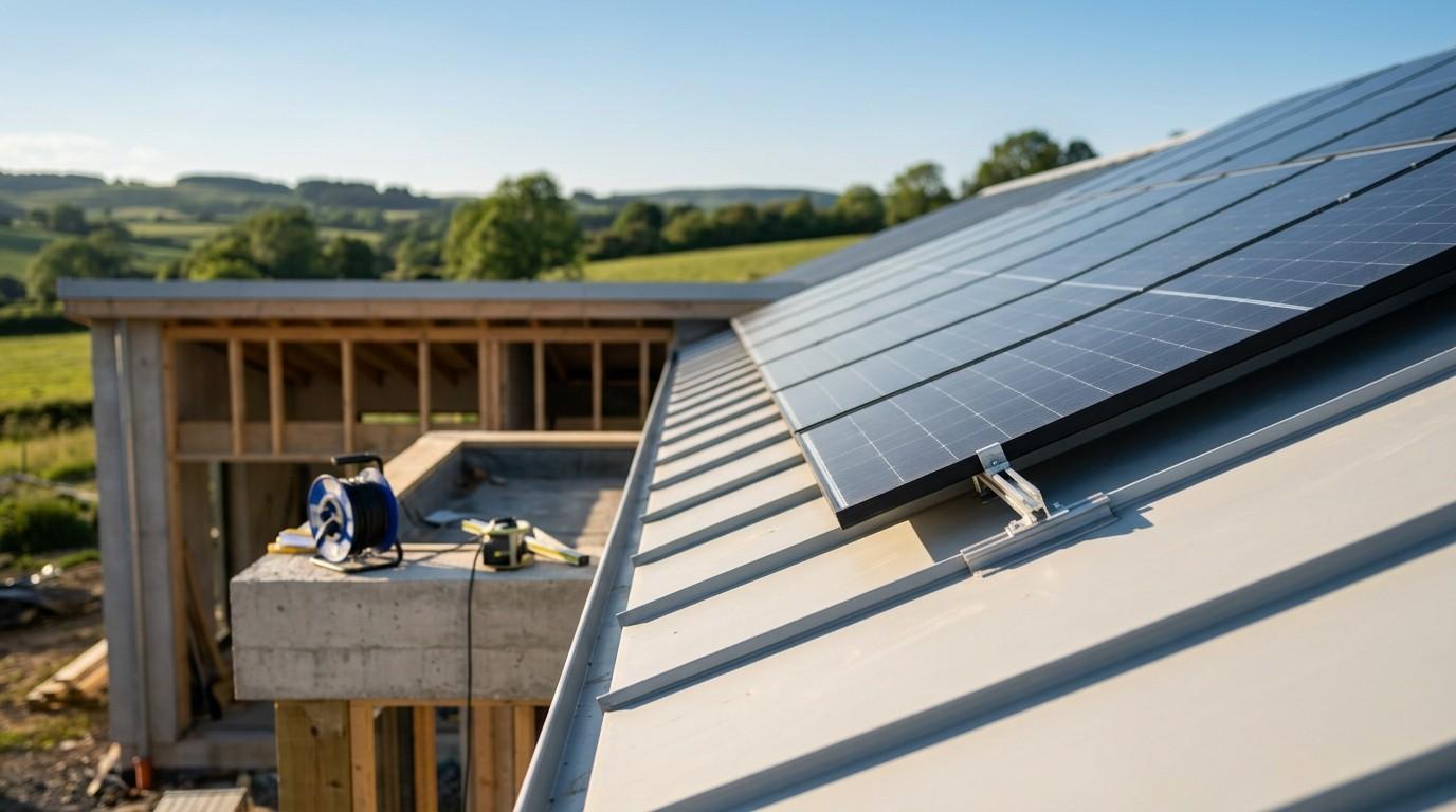 Solar panel installation on a new energy-efficient home under construction.
