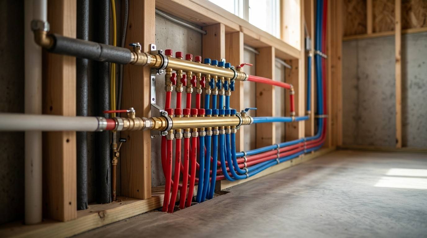 PEX plumbing manifold system with red and blue water lines installed inside a new home wall frame.