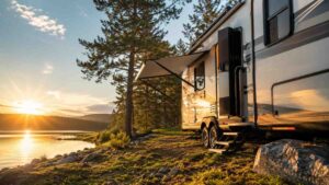 Travel trailer RV parked by a lakeside campsite at sunset with forest views.