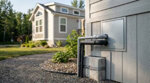 Utility hookups and service connections beside a park model home during installation.