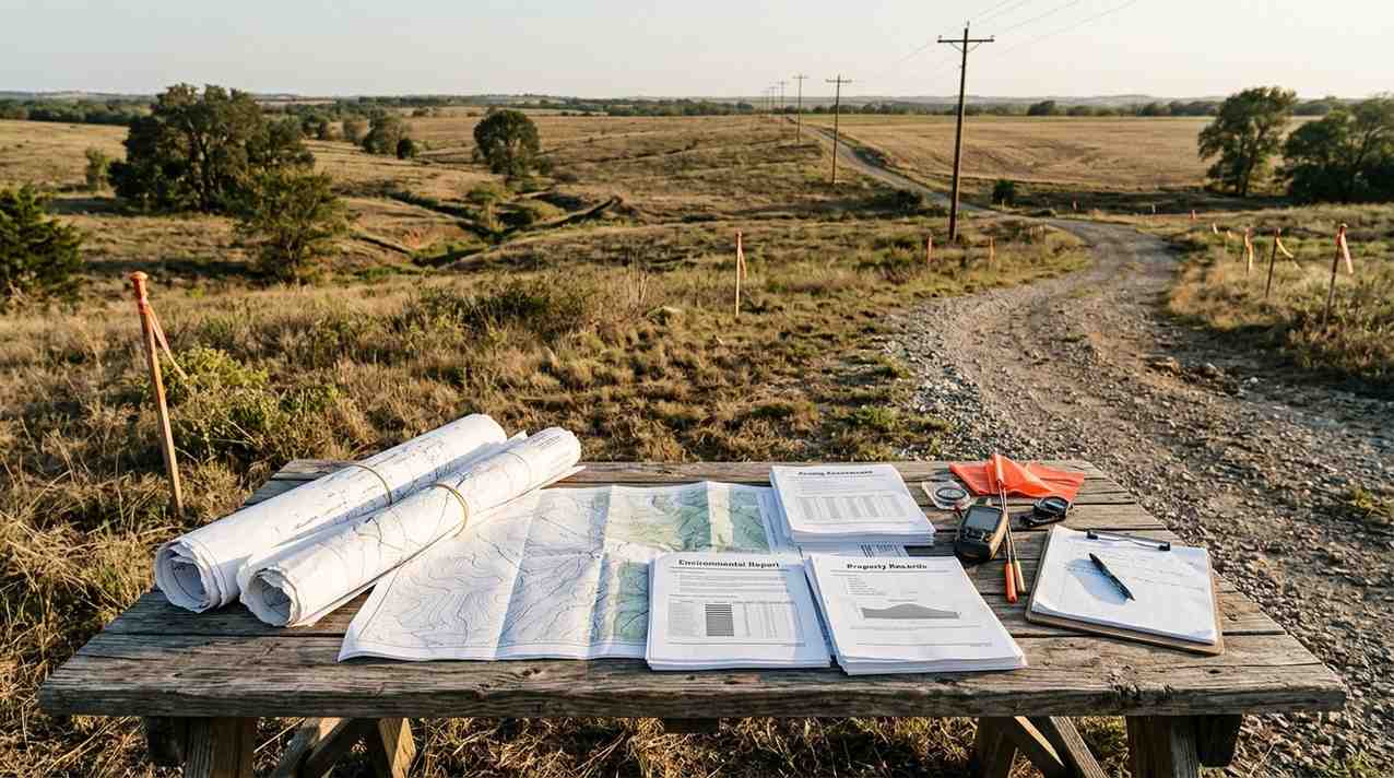 Land due diligence documents and site plans on a rural property survey table