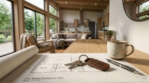 House keys resting on a park model home floor plan in a bright, modern living space with large windows and open-concept design.