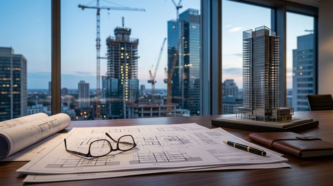 Architectural plans, a tower model, and office supplies on a conference table overlooking a city construction site.