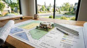 Architectural site plan with house model and zoning map.