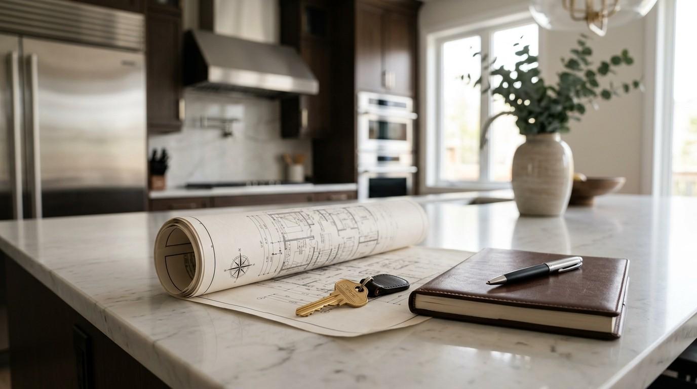 A rolled-up blueprint, car keys, and a notebook with a pen on a marble kitchen island in a modern, well-lit kitchen.