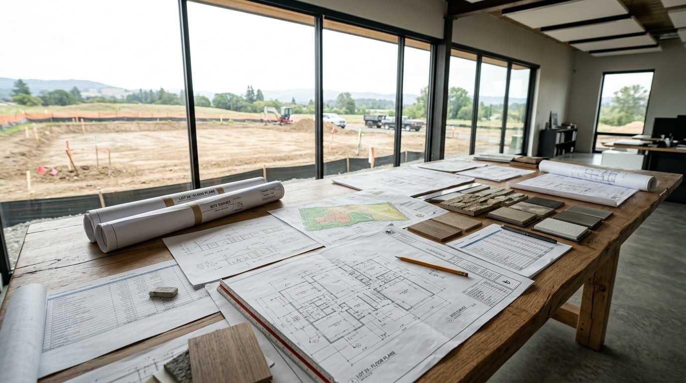 Home construction plans, material samples, and site development documents prepared for a pre-construction planning meeting.