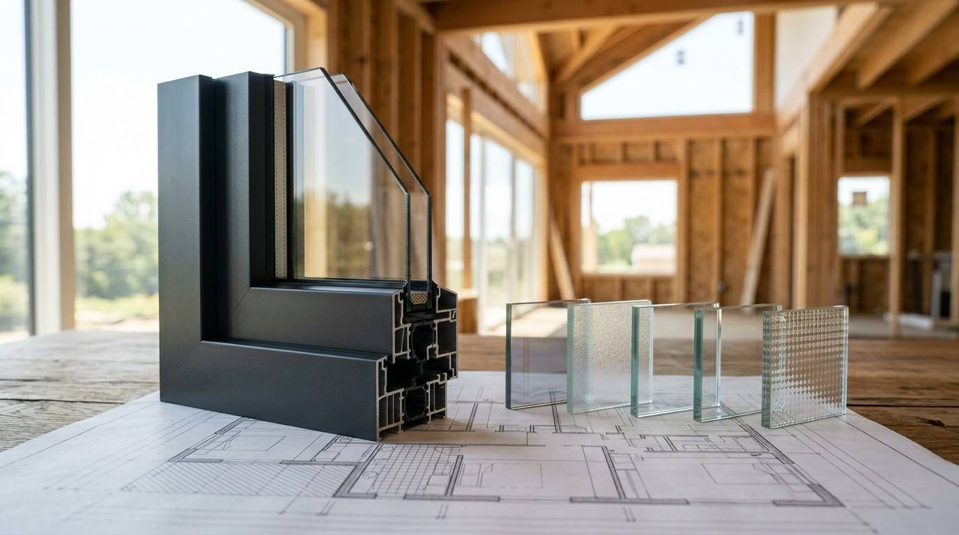 Window frame and glass samples on construction plans.