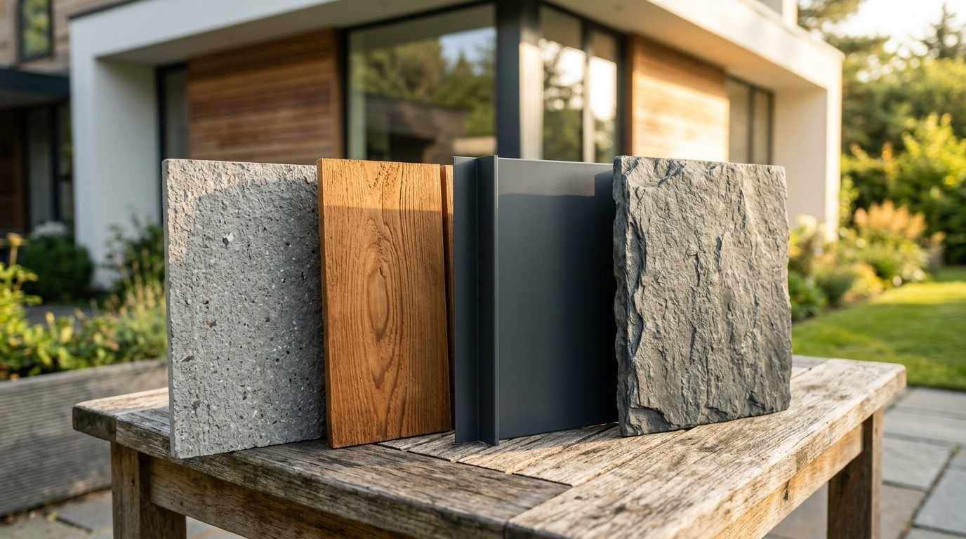 Exterior siding material samples displayed in front of a modern home.