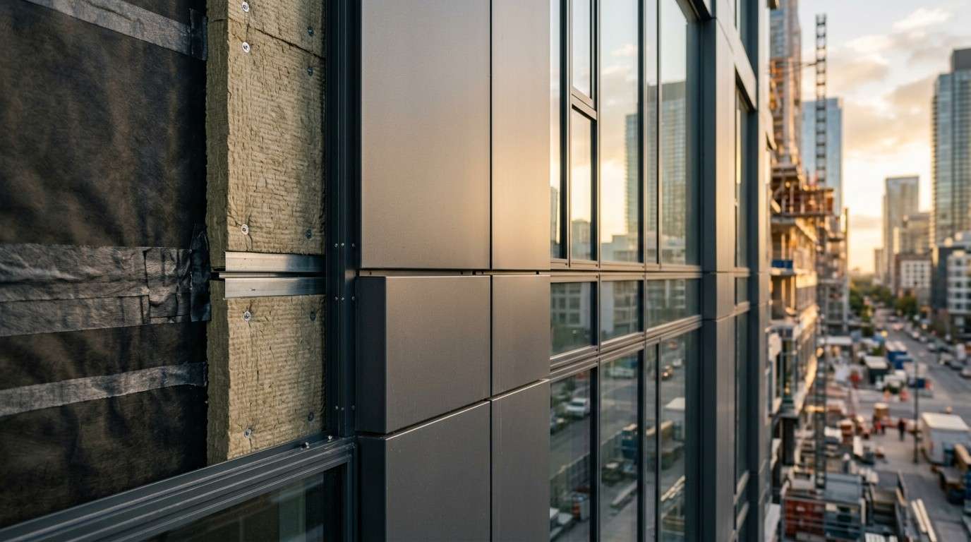 Exterior insulation and metal cladding on a modern building facade.
