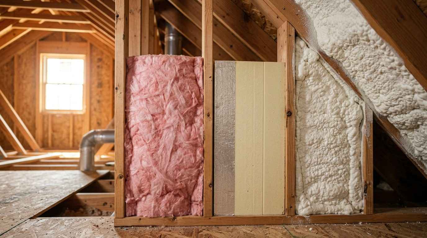 Fiberglass, foam board, and spray foam insulation compared in an attic.
