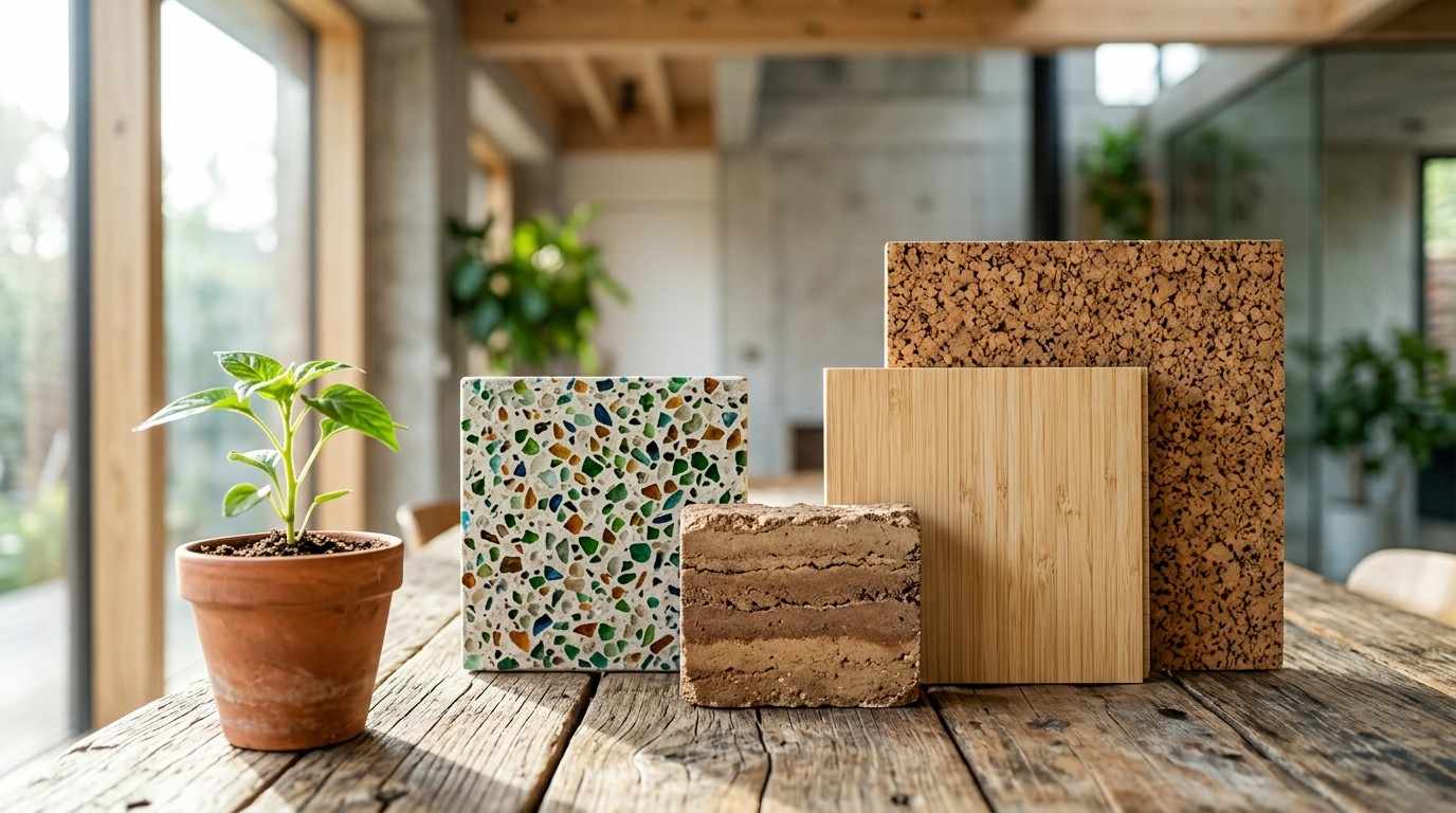 Eco-friendly building material samples displayed in a modern interior.