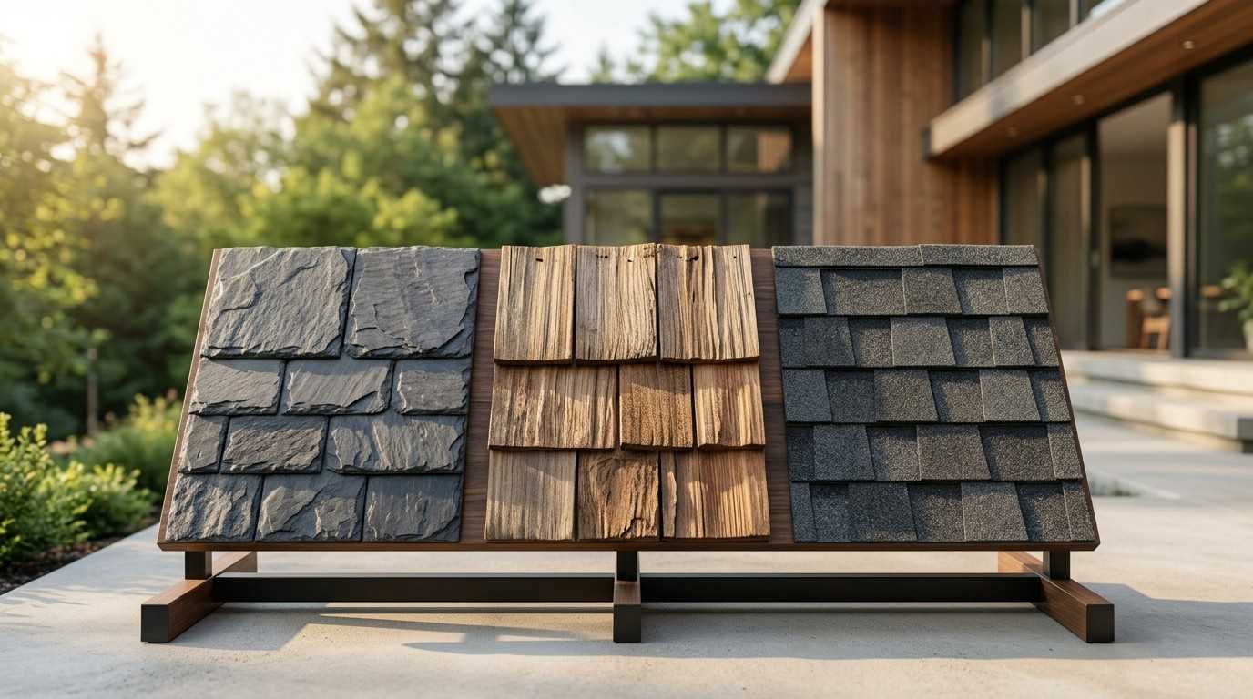 Slate, wood shake, and asphalt shingle roofing samples on display.