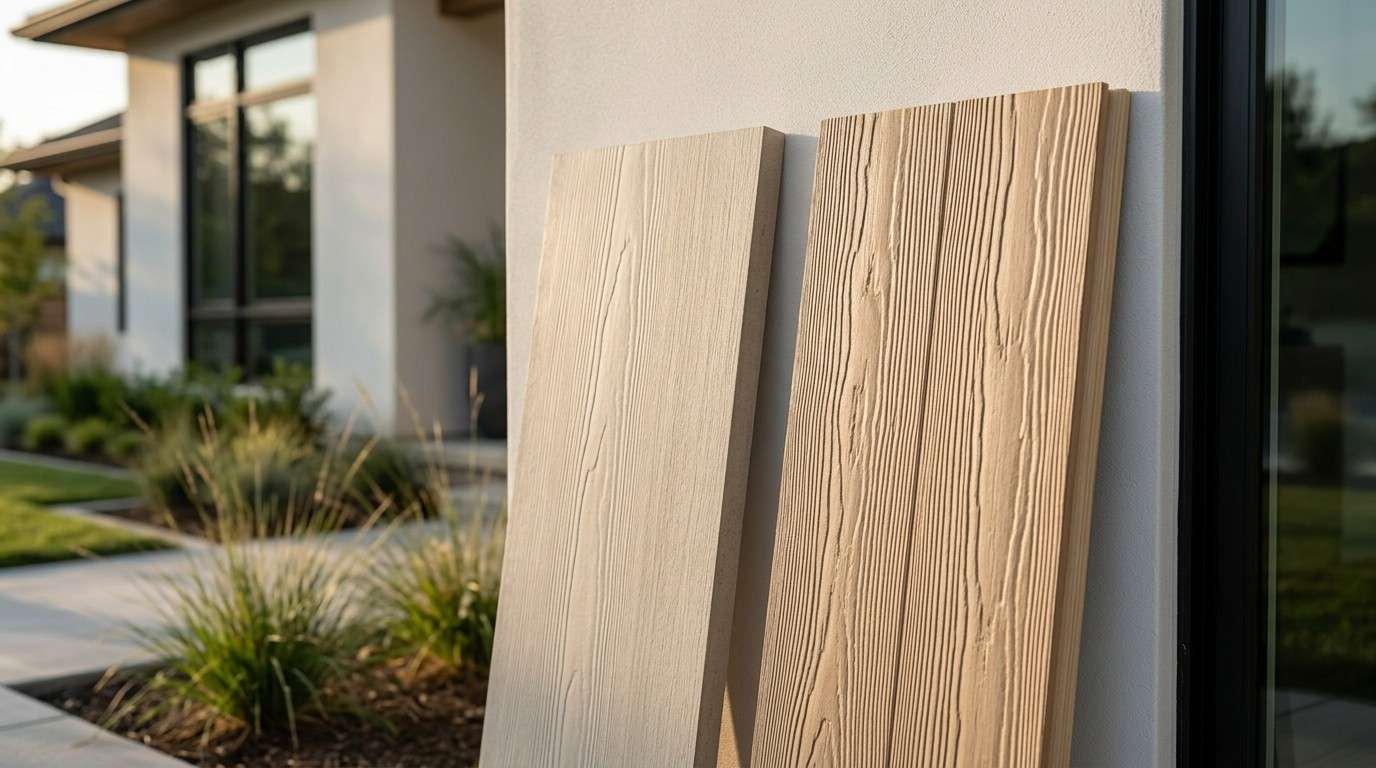 Smooth and wood-grain siding samples beside a modern home.