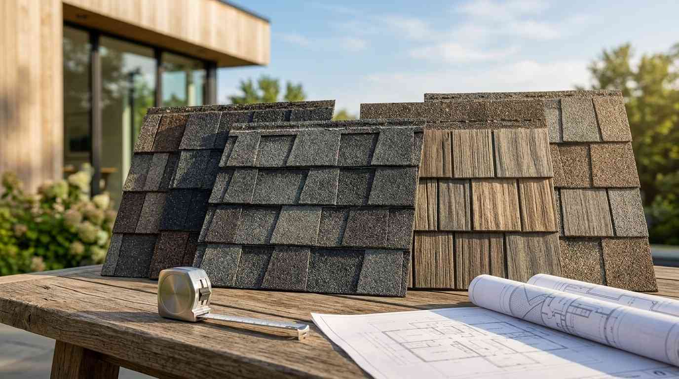Roofing shingle samples with blueprints and measuring tape.