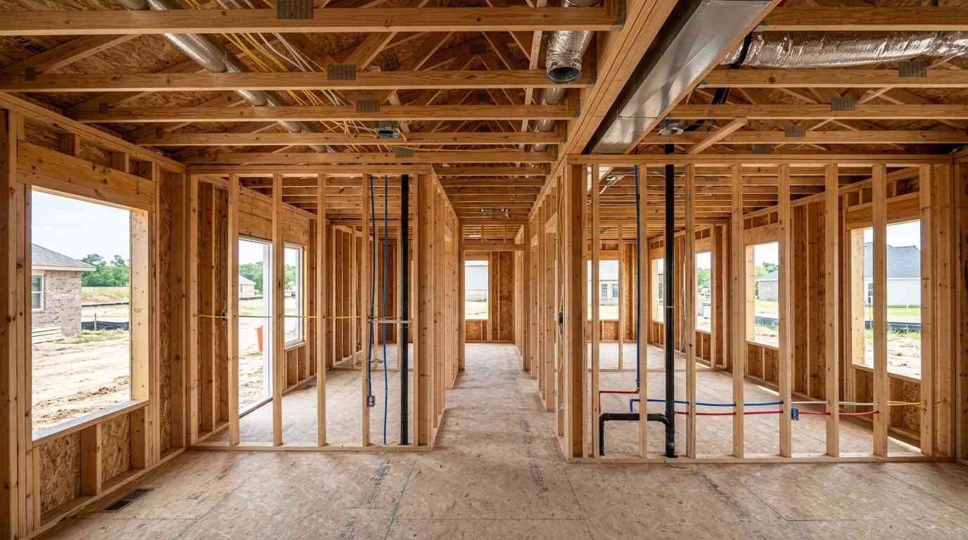 Unfinished house interior with exposed wood framing, plumbing, and electrical rough-ins.