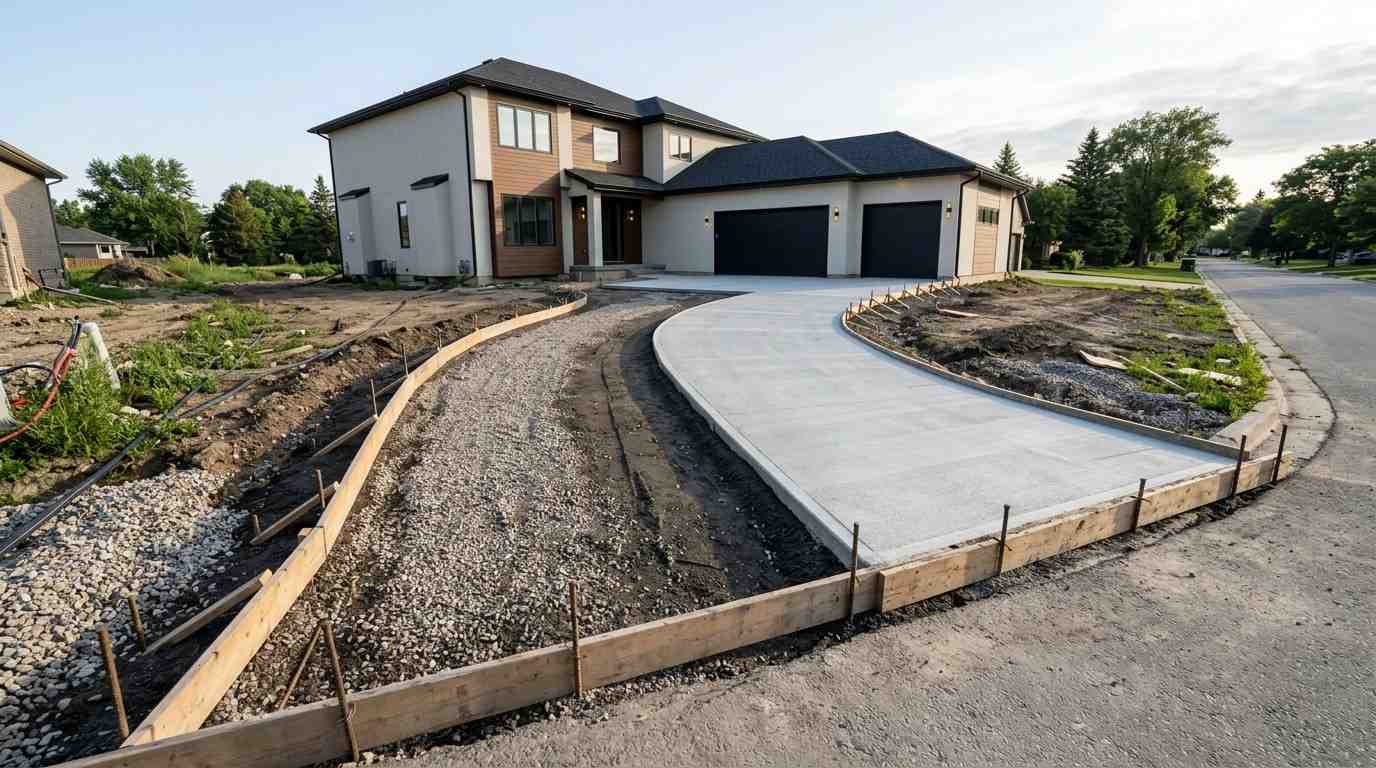 New residential driveway construction with freshly poured concrete, curved layout, and luxury home exterior nearing completion
