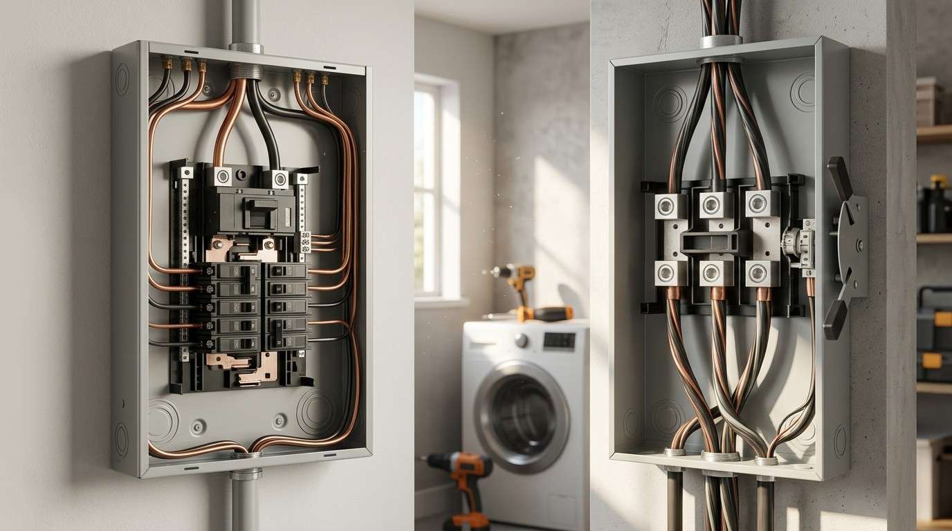 Open residential electrical panel and service disconnect box with wiring, installed in a modern utility room.