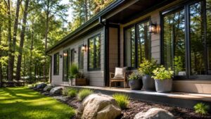 Modern park model home exterior with landscaped yard and forest surroundings.