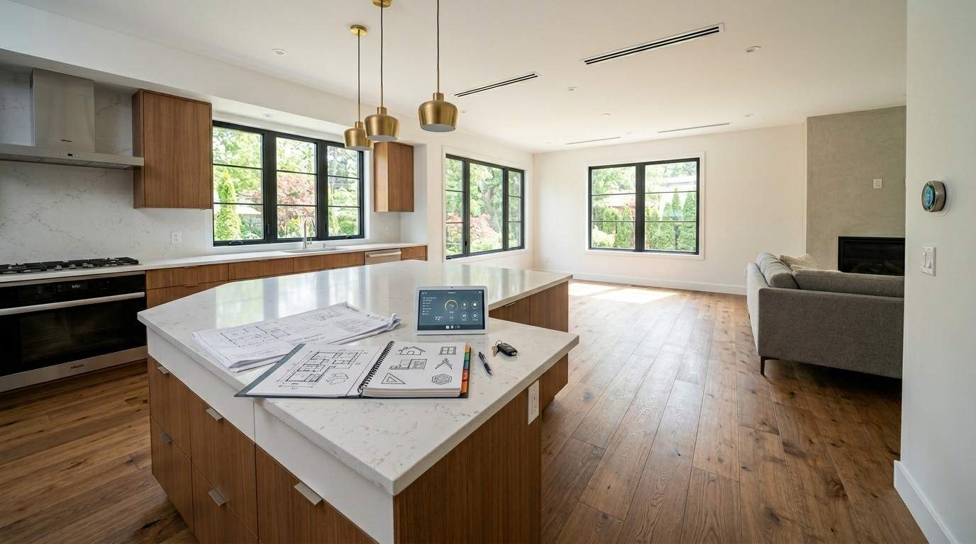 Modern open-concept custom home interior featuring a spacious kitchen with a large quartz island, warm wood cabinetry, hardwood flooring, designer pendant lighting, and architectural plans displayed in a bright, newly completed living space.