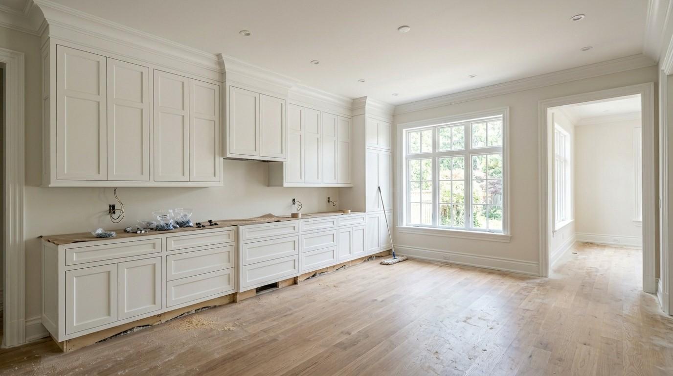 Newly installed white kitchen cabinets in a bright home under construction.