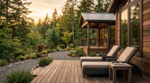 Park model home with outdoor deck seating and landscaped surroundings.
