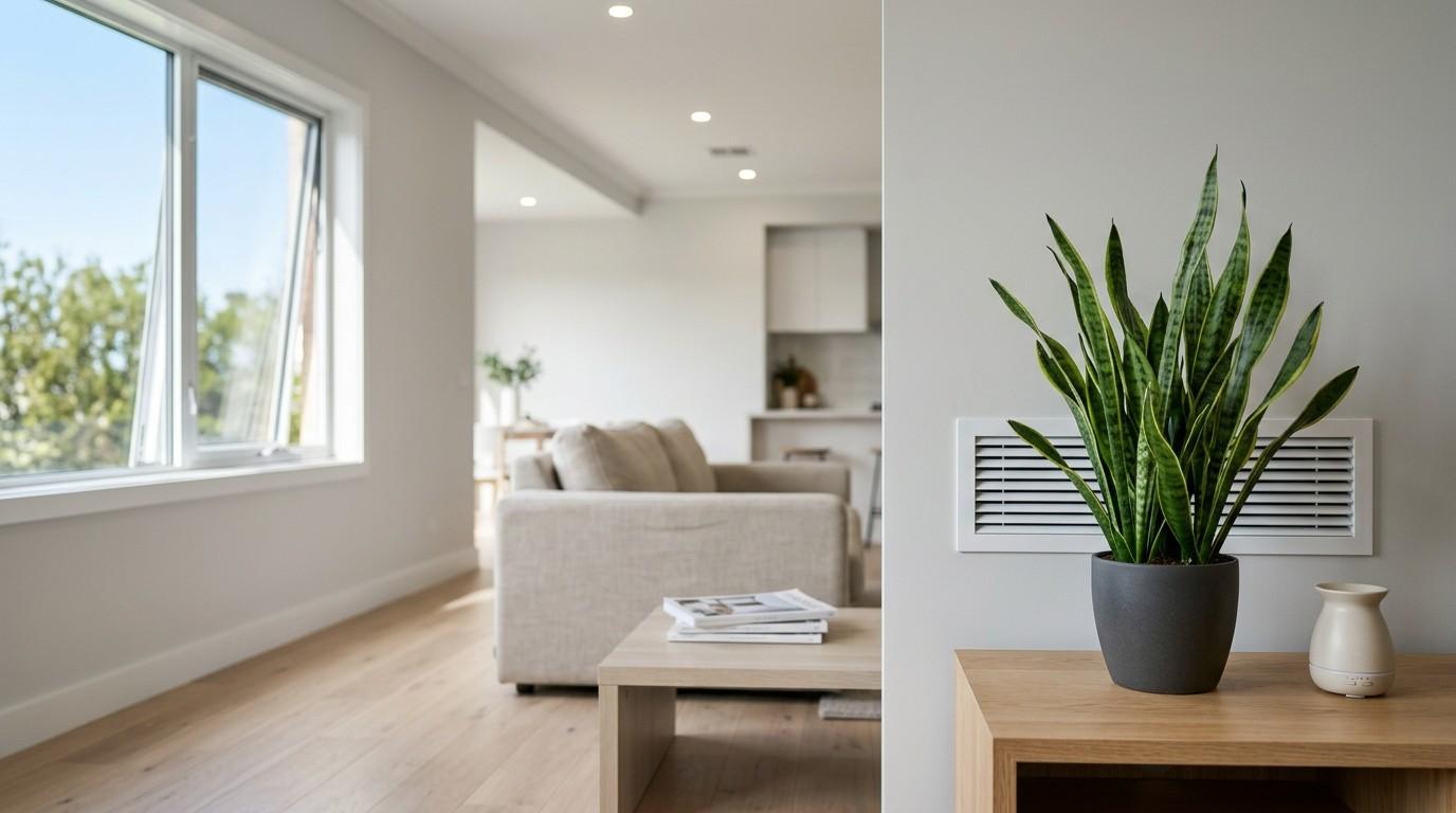 "Modern living room with plant on wooden console and vent, natural light through windows."