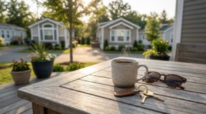 Coffee mug, keys, and sunglasses on a patio table overlooking a park model home community.