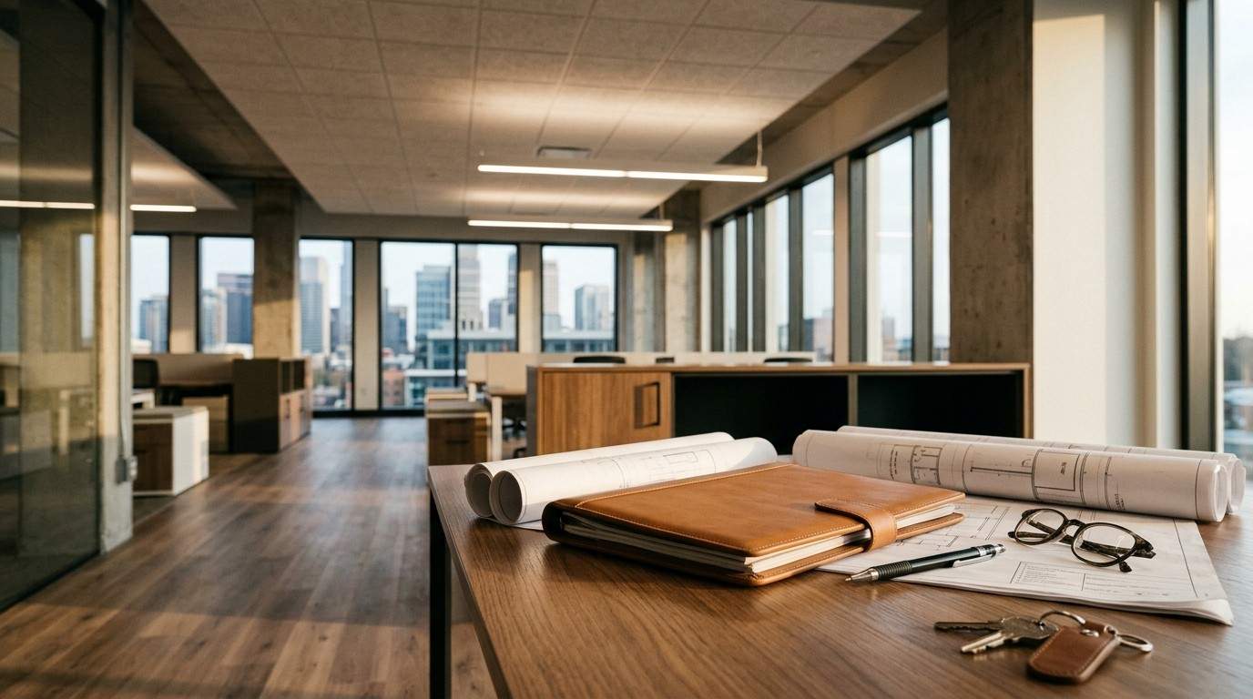 Construction plans, notebook, keys, and glasses on a desk in a modern office space with city views.
