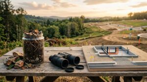 Raw land vs improved land site plan with soil sample and surveying equipment.