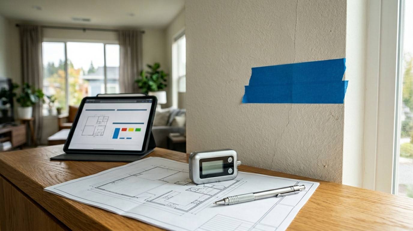 A modern living room with a focus on home renovation. An iPad displays floor plans on a table alongside blueprints, a digital level, and a pen. Blue tape marks a wall crack.